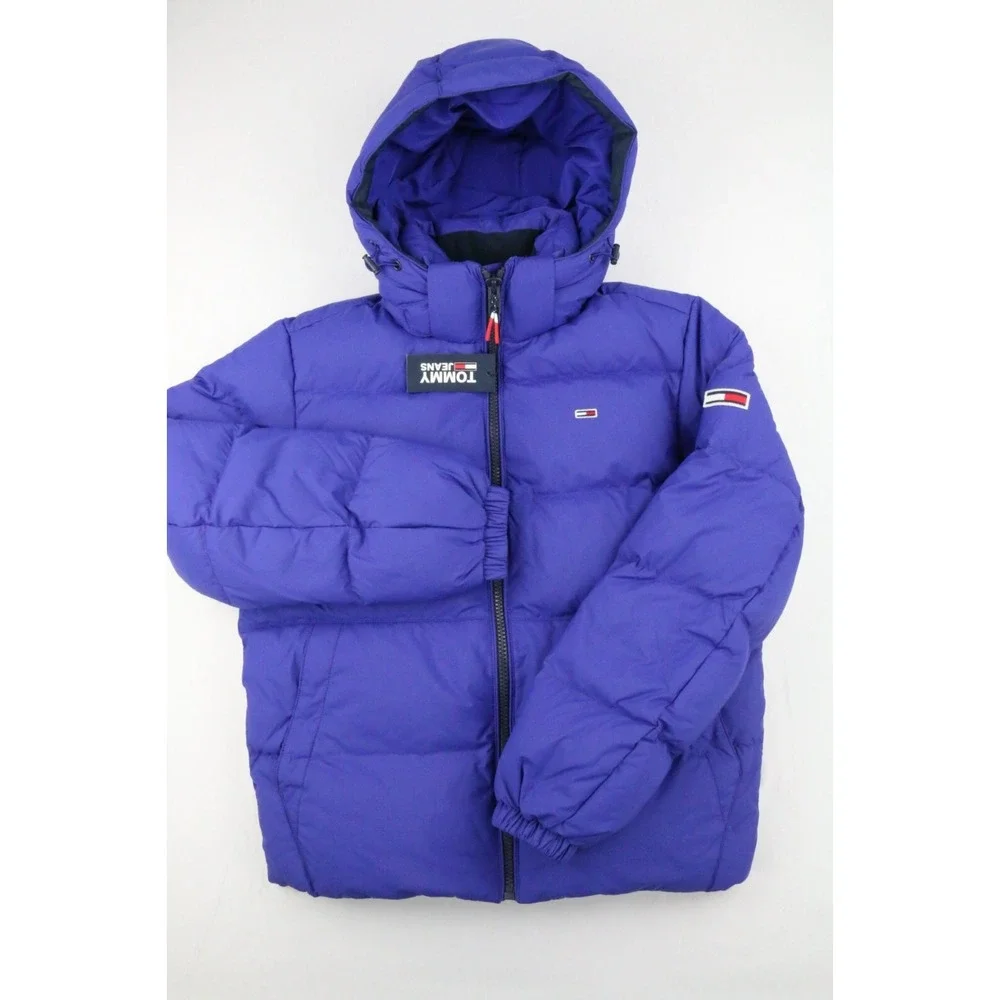 Tommy Jeans Tommy Hilfiger Mens Hooded Down Jacket Blue Sz XS Embroidery Elastic